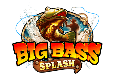 Big Bass Splash key art showing the fisherman mascot beside a giant bass fish over turquoise water and a desert canyon